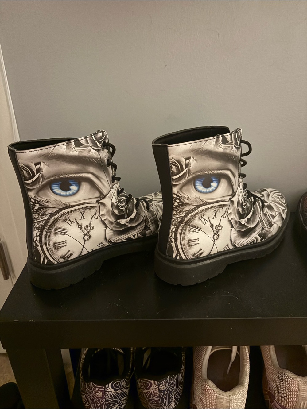 Black & White Rose Print Lace-Up Women's Boots - Picture 3 of 3